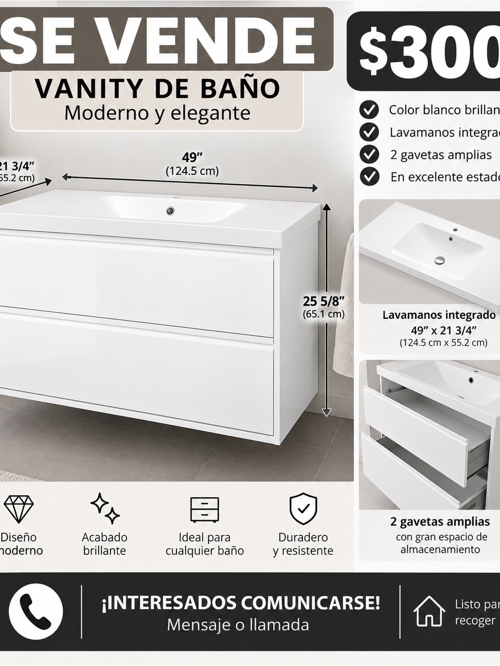 White Modern Bathroom Vanity with Integrated Sink